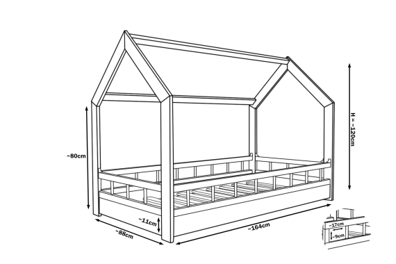 Lit maison cabane en bois naturel brut avec barreaux 160x80 cm